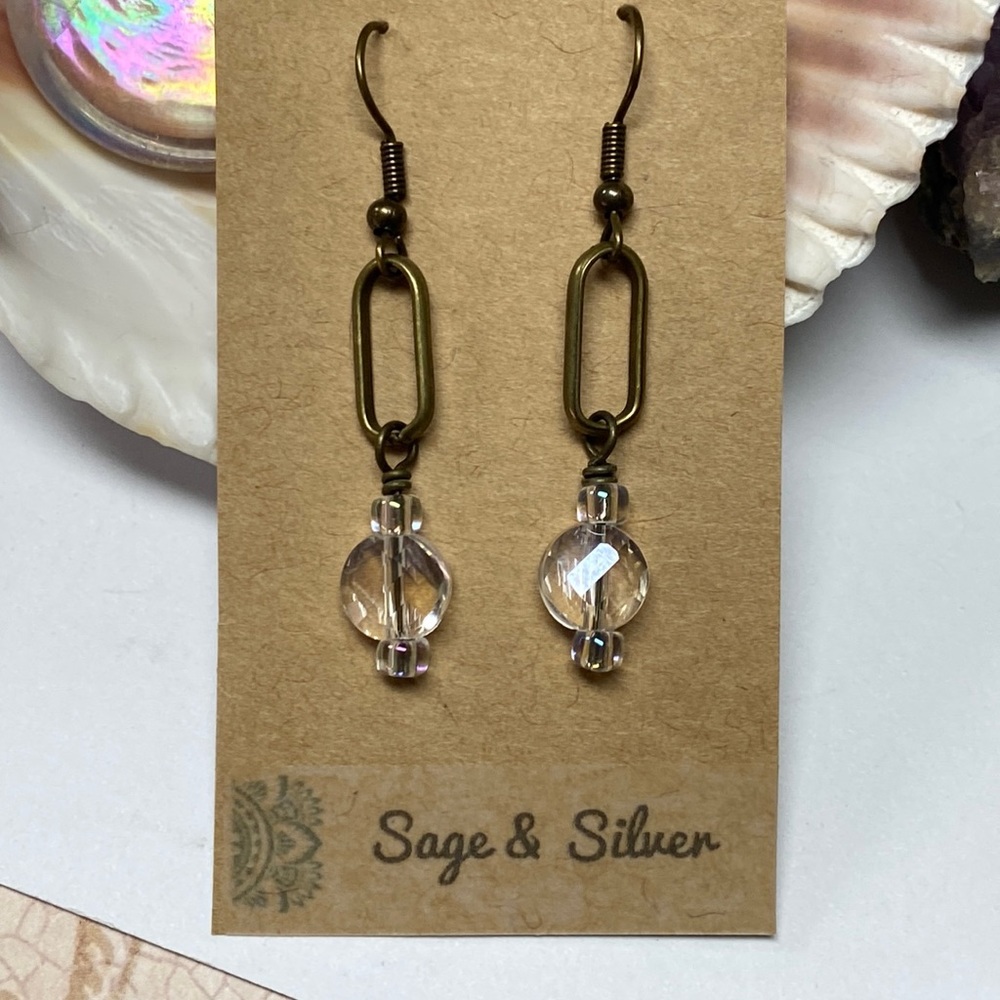 NEW Dainty lightweight antique brass earrings faceted clear crystal drop minimal